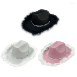 Berets Cowgirl Hat With Feathered Trim Rhinestones Band For Parties Dress Up Cosplays