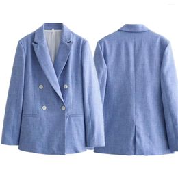 Women's Suits Maxdutti Minimalism Straight Jacket Casual Double Breasted Blazers Women Tops Sky Blue