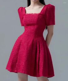 Casual Dresses Red Tweed Dress Women Puff Sleeve Elegant Square Neck Vintage Women's Clothing Runway Design Mini Ladies Tassel