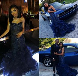 2018 Sparkly Crystal Sequined Mermaid Prom Dresses Sweetheart Strapless Navy Evening Party Gowns African Black Girl Organza Dresse7235063