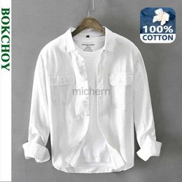 Men's Casual Shirts Spring and Autumn Long Sleeve Cargo White for Men Clothing Pure Cotton Retro Style Button Up Pocket Streetwear AZ102 240416