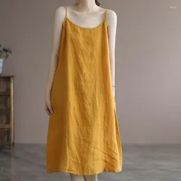 Casual Dresses Sutimine Camisole Dress Cotton Linen Summer Solid Colour Fitting Belly Covering Loose Mid Length Holiday Women