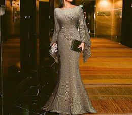 2022 Blue Evening dress prom Gowns Sheer Jewel Neck sequined Lace Long Sleeve Mermaid Prom Dress Sweep Train Custom Made Illusion 3627506