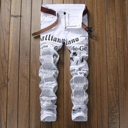 Men's Jeans Fashion White Paper Printed Slim Fit Black Painted Stretch Denim Pants