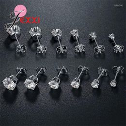 Stud Earrings Fine 925 Sterling Silver Jewelry Clear Cubic Zircon 3MM 4MM 5MM 6MM 7MM 8MM Mix Size 6 Pairs Women Men Ear Accessories