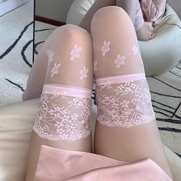 Sexy Socks Black Pink White Sakura Flower Lace Top Thigh High Stockings Silicone Hold Up Transparent Medias Ultra Thin Breathable Underwear 240416