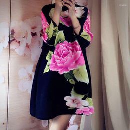 Casual Dresses Peony Print Miyake Pleated Dress Style In Spring And Autumn Chinese Fashionable Loose Large Size Slimming