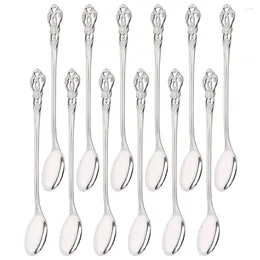 Dinnerware Sets Luxuty Silver 12Pcs Stainless Steel Ice Spoons Long Handle Mirror Mixing Stirring Drink Cream Dessert Tea Spoon