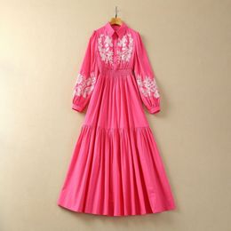 Spring Hot Pink Floral Embroidery Dress Long Sleeve Lapel Neck Cotton Panelled Midi Casual Dresses S4J090104