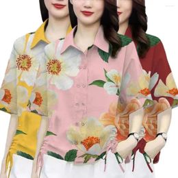 Women's Blouses Double-breasted Short Sleeve Top Floral Patterned Lapel Shirt For Women With Double Breasted Design Drawstring Detail Loose