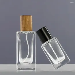 Storage Bottles 30ml/50ml Perfume Bottle Square Glass Thick Bottom Bayonet High-End Spray Wooden Lid Refillable