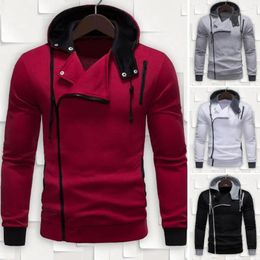 Men's Hoodies Sports Hoodie Fall With Oblique Zipper Elastic Cuff Long Sleeve Hooded Sweatshirt In Contrast Colors Soft For Men