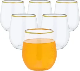 Disposable Cups Straws 48/24pcs Plastic Stemless Wine Glasses With Gold Rim 12 Oz Clear Fancy Party For Wedding Reception Cock