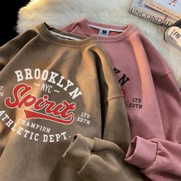 Men's Hoodies Letter Graphic Vintage Men Streetwear Hip-hop Suede Leather Fabric Sweatshirts Drop Shoulder Spring Autumn Male Y2k