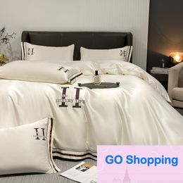 Top Summer Washed Silk Four-Piece Set Ice Tencel Solid Colour Bed Sheet Quilt Cover Embroidery Bedding Gift Kit Wholesale