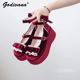 Dress Shoes Fashion Women Girls Lolita Velvet Retro Lace Bow Round Head Thick Bottom Wedge Heel Sweet Pumps Paltform