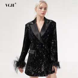 Women's Suits VGH Solid Patchwork Sequins Blazers For Women Notched Collar Long Sleeve Spliced Single Breasted Tunic Blazer Female Fashion