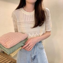 Women's T Shirts Temperament Knitted T-shirt Sweet Summer Round Neck Top Casual Thin Hollow Out Women