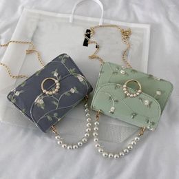 Evening Bags Women PU Net Yarn Flower Embroidery Shoulder Messenger Vintage Pearl Chain Handbags Female Flap Crossbody