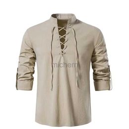 Men's Casual Shirts 2022 New Mens V-neck shirt T-shirt Fashion Vintage Thin Long Sleeve Top men Breathable Front Lace Up man 240416