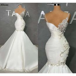 Dubai Beaded Stunning Pearls Arabian Mermaid Wedding Dresses Spaghetti Straps Slim Fitted Pleats Vintage Bridal Gowns Sexy Elegant Satin Vestidos De Novia