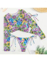 Women's Swimwear Flower Halter Long Sleeve Bikini Women Female Swimsuit Three-pieces Set Floral Bather Bathing Suit Swim K4281