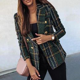 Women's Jackets Women Blazer Plaid Print Lapel Long Sleeves Autumn Thick Double-breasted Cardigan Formal Business Winter Coat For Female