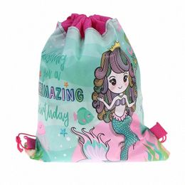 mermaid N-woven Bag Backpack Kids Travel School Decor Drawstring Gift Bags B0eU#