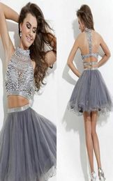 2018 Sexy Graduation Dresses Aline high neck tulle Embellished twopiece Prom Dresses beaded homecoming Dress Rachel Allan New st7804983