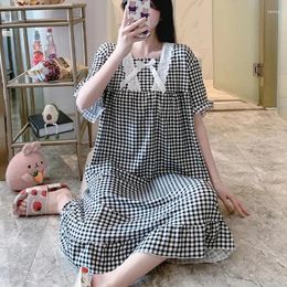 Women's Sleepwear Large Size 6XL 150KG Summer Dresses Plaid Printed Short Sleeve Long Dress Cartoon Sleepdress Female Clothing