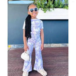 Clothing Sets 2024 Girls' Short-Sleeved Loose Top Leisure Horn Trousers Design Tie-Dye Printed Two-Piece Suit