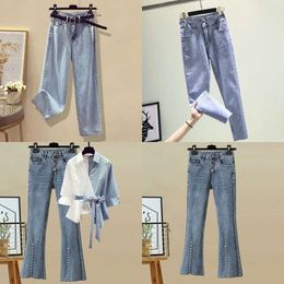 Hose Frauen Sommer solide Plus-Größe koreanische Farbblock-Hemd-Jeans Mode hohe Taille Lose Casual Damen Jean 2-Stück Set