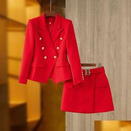 Blazer da donna Blazer Women S Spring In Ins B Buckle chic set eleganti di lusso abito blazer con gonna a due pezzi Ladies Jacket Office We Dhsb4