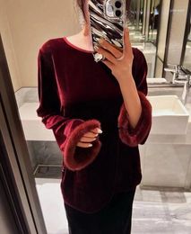 Women's T Shirts Chinese Style Wine Red Silk Velvet Top O Neck Long Sleeve Patchwork Shirt Fashion Loose Vintage Black Tops 2024