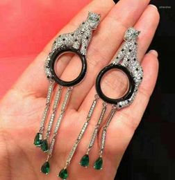 Dangle Earrings 925 Silver Paved Zircon Stone Leopard Tassel Drop Earring Panther Animal Water For Women Wedding Jewelry9487580