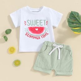 Clothing Sets 2024-01-12 Lioraitiin Toddler Baby Girls Summer Shorts Short Sleeve Letter Watermelon Print Tops Solid Colour