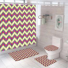 Shower Curtains Geometric Plaid Curtain Set With Rug Toilet Lid Cover Bath Mat Abstract Modern Colorful Wavy Bathroom Hooks