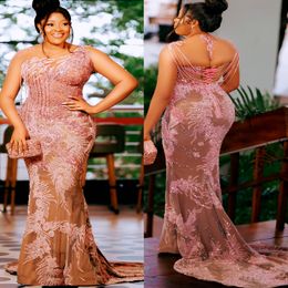 2024 Aso Ebi Pink Illusion Mermaid Prom Dress Lace Beaded Evening Formal Party Second Reception 50th Birthday Engagement Gowns Dresses Robe De Soiree ZJ331