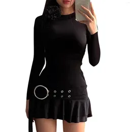 Casual Dresses Women's Black Short Party Long Sleeve Crewneck 3D Flower Decorated Pleated Dress With Belt