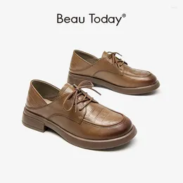 Casual Shoes BeauToday Derby Women Calfskin Leather Round Toe Stone Striped Thick Sole Lace Up Female Dress Handmade 21643