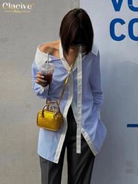 Women's Blouses Clacive Fashion Blue Stripe Shirt 2024 Casual Lapel Long Sleeve Elegant Patchwork Top Female Clothing