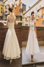 2019 Lace Beaded Charming Wedding Dresses Illusion Neck Cap Sleeves Bridal Gowns Ankle Length Cheap Plus Size Wedding Party Dresse7615567