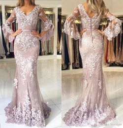 Elegant Blush Pink Appliques Lace Long Mermaid Prom Dresses V Neck Long Flare Sleeves Floor Length Formal Evening Gowns Custom Siz9277629