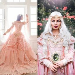 Mediaeval Princess Prom Dresses Off The Shoulder Long Sleeves Peach Pink Corset Masquerade Dress Fantasy Sleeping Beauty Gown Vintage Special Occasion Wear