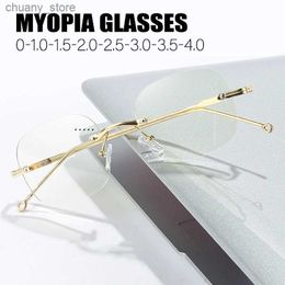 Sunglasses 2024 Rimless Rectangle Myopia Glasses Women Men Anti Blue Light Finished Prescription Eyewear Silver Gold Alloy Glasses Frame Y240416