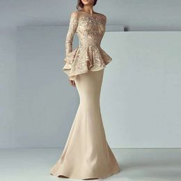 Mermaid Champagne Lace Applique Ruffles Mother Of The Bride Dresses Long Sleeves Formal Evening Gowns