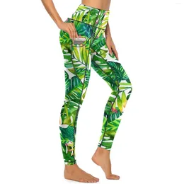 Women's Leggings Tropical Print Yoga Pants Sexy Banana Leaves Graphic High Waist Fitness Running Leggins Lady Cute Elastic Sports Tights