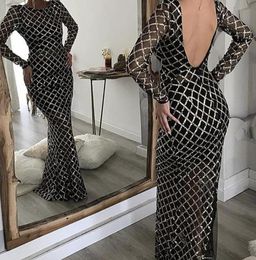 Arabic Black Prom Dresses with Sparkly Sequins Crew Neckline Long Sleeve Mermaid Floor Length Evening Dresses5599952