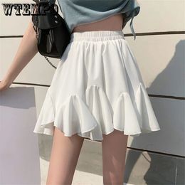 White Fluffy Aline Skirt Womens Elastic High Waist Built in Shorts Sweet Ruffled Hem Slim Thin Casual Preppy Style Summer 240416