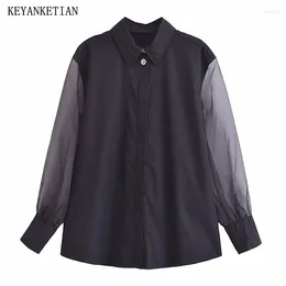 Women's Blouses KEYANKETIAN 2024 Launch Women Organza Patchwork Black Shirt Spring Single Breasted Loose Long Sleeve Female Top